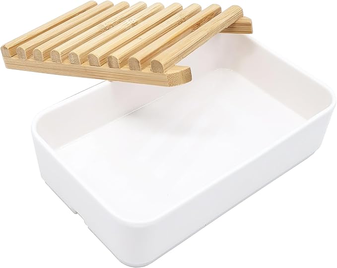 Soap Dish Holder, Bamboo Self-Draining Soap Box, Soap Dishes Holder for Shower, Bathroom, Kitchen, Bathtub, Bar Sink (White, 1 Pack)