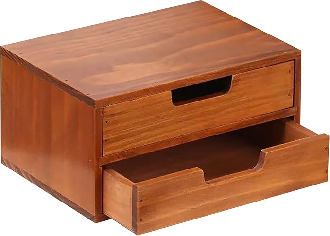 Double Drawer Desktop Storage Organizer in a Modern Wood Design (9.8”x6.9”x 5.1”) 2-Drawer Stackable Drawer Unit - Wood Monitor Riser (1-Pack)
