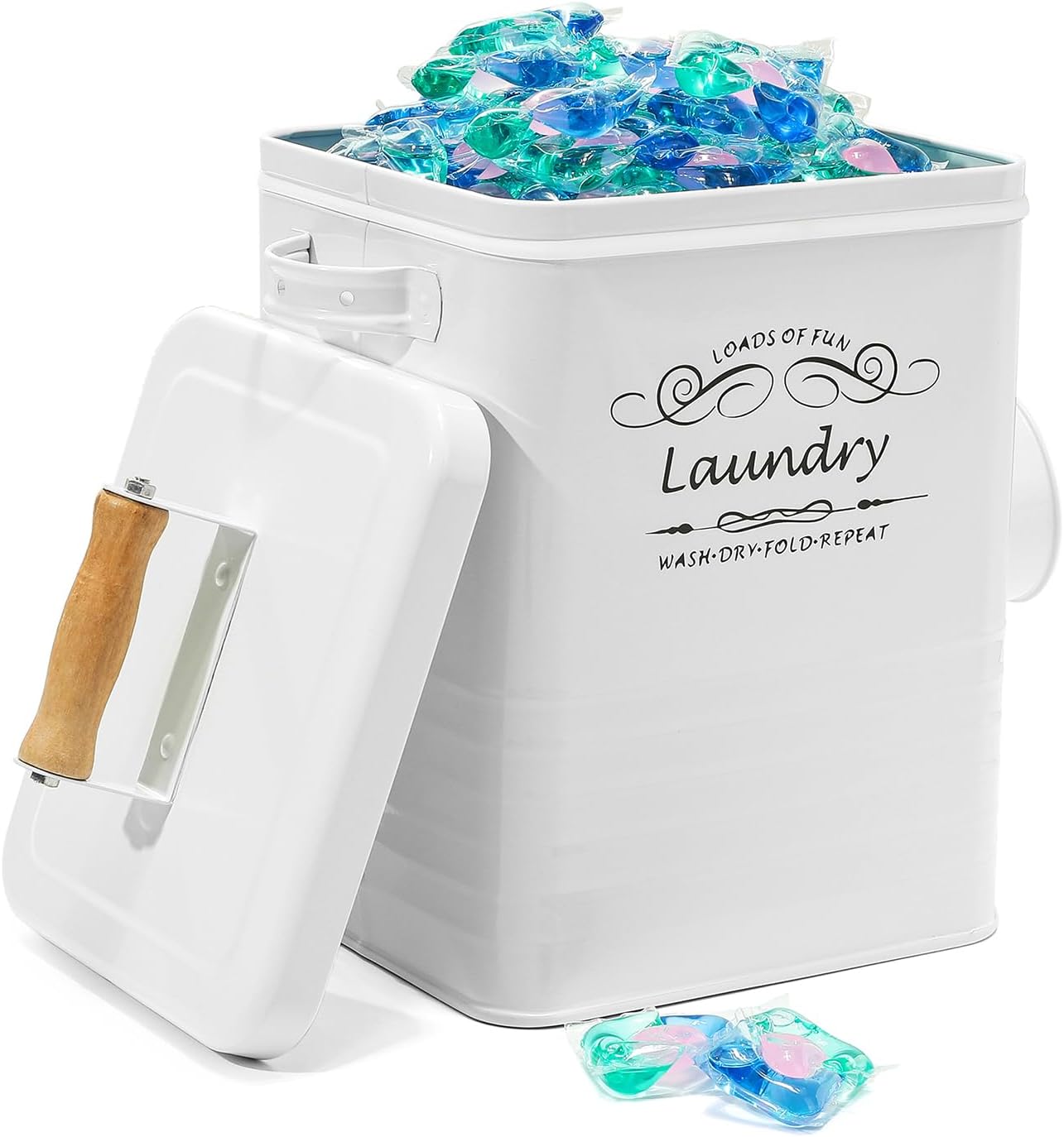 SSTATES Laundry Room Organization Set, Metal Laundry Detergent Pods Container and Dryer Sheet Holder with Lid, Laundry Powder Storage Bin with Scoop for Farmhouse Decor, (2 Pack, White)