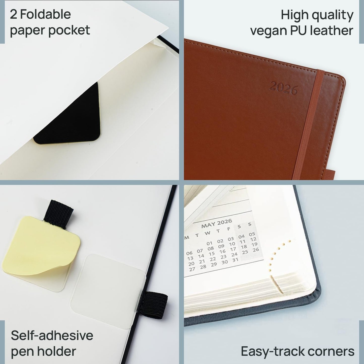 POPRUN Monthly Planner 2026-2027 (Large-8.25'' x 11.75''), 16 Months Calendaer (Dec 2025-Mar 2027) Appointment Book with Stair Tabs, Inner Pockets, Pen Holder, PU Leather Softcover - Brown