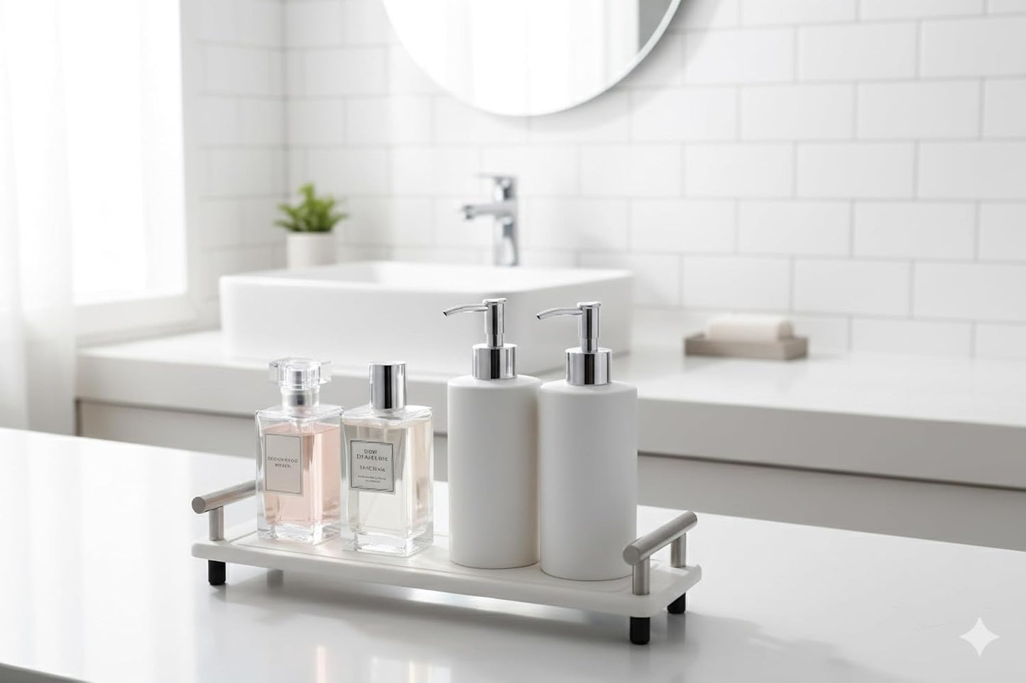 2PCS Bathroom Counter Tray, Diatomaceous Tray Fast Dry Stone, Fast Drying Diatomite Earth, Drying Stone for Kitchen Countertop, Instant Dry Sink Caddy (White & Silver Handle, Small)