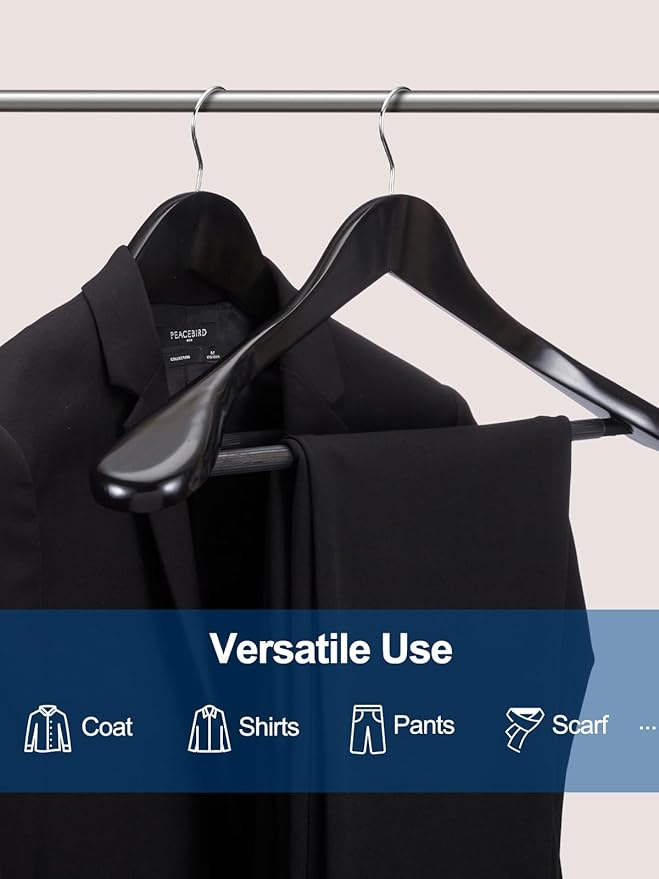 HOUSE DAY 19'' Extra Wide Shoulder Wooden Hangers 6 Pack, Premium Large Wood Suit Hangers with Non Slip Pant Holder, Wide Shoulder Hangers for Suits, Coats, Jackets, Heavy Wide Clothes Hanger, Black