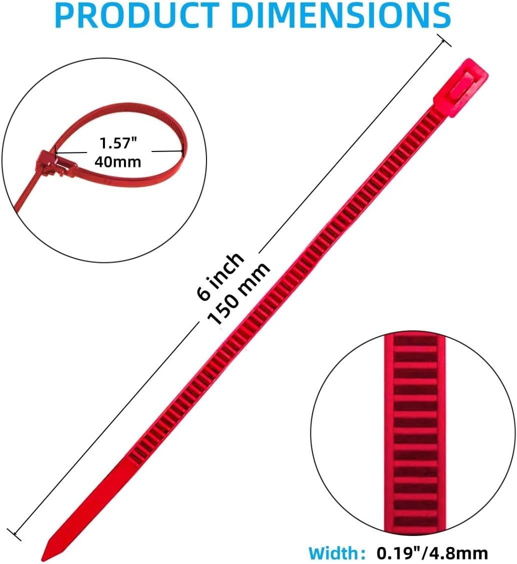 Reusable Cable Ties 6 Inch 50 PCS Red Heavy Duty, Releasable Adjustable Nylon Zip Ties with 36lbs Tensile Strength for Indoor and Outdoor Multipurpose Use