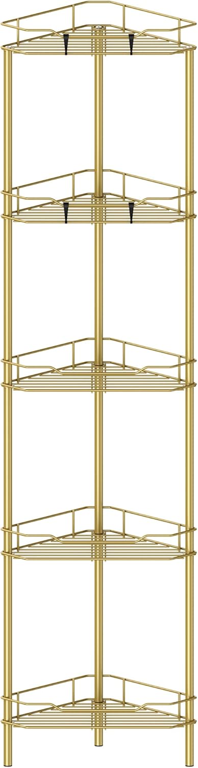 5 Tier Floor Standing Corner Shower Caddy Organizer Shelf with Hooks, Bathroom Shelves Stand Rack, Gold