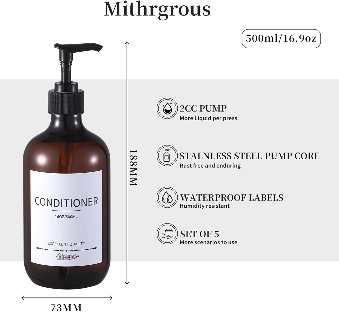 Stylish Shampoo Bottles Refillable with Pump,(5Pack) Amber Shampoo and Conditioner Dispenser,Shampoo Bottles with 8pcs Lables