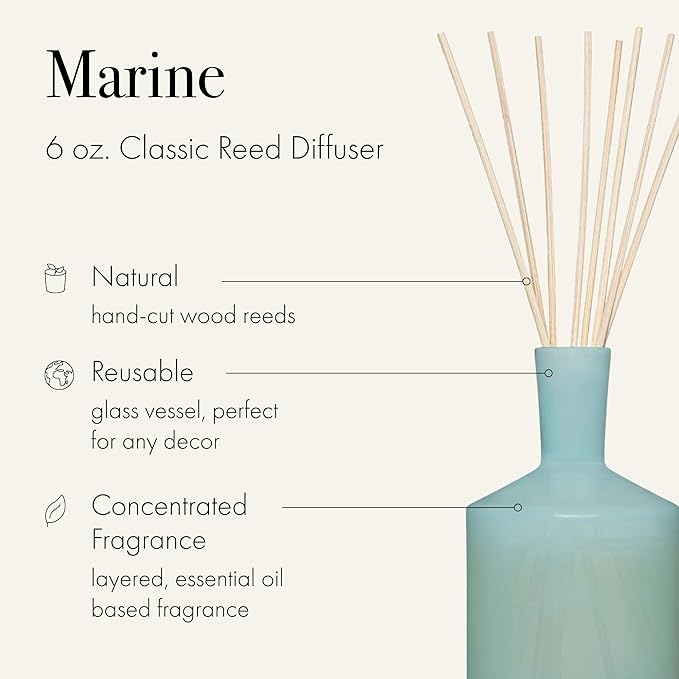 LAFCO New York Classic Reed Diffuser, Marine - 6 oz - Up to 3 Months Fragrance Life - Reusable Glass Vessel - Natural Wood Reeds - Made in The USA