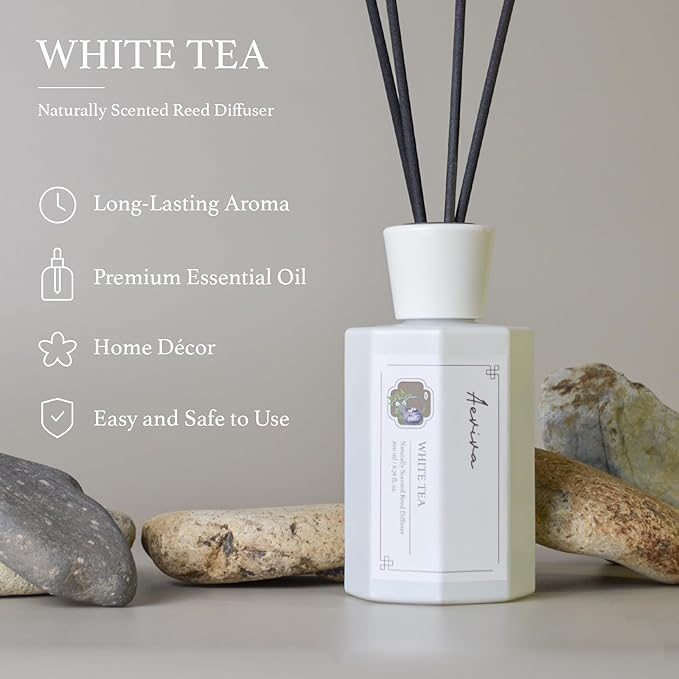Reed Diffuser Set, 6.76 fl oz White Tea Scented Oil Diffuser, Home Fragrance with Reed Sticks for Bedroom, Office, Bathroom Shelf Decor & Gifts