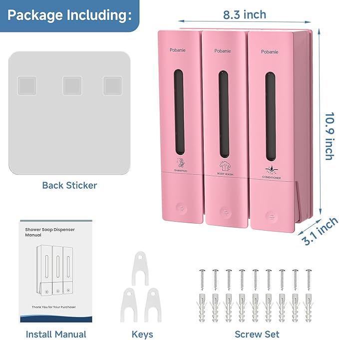 1984 Shower Soap Dispenser Bathroom Set Shampoo Conditioner Body Wash Dispenser Wall Mounted Shower Shampoo Dispenser 3 Chamber No Drill for Home Star Hotel 3 x 400ml Pink