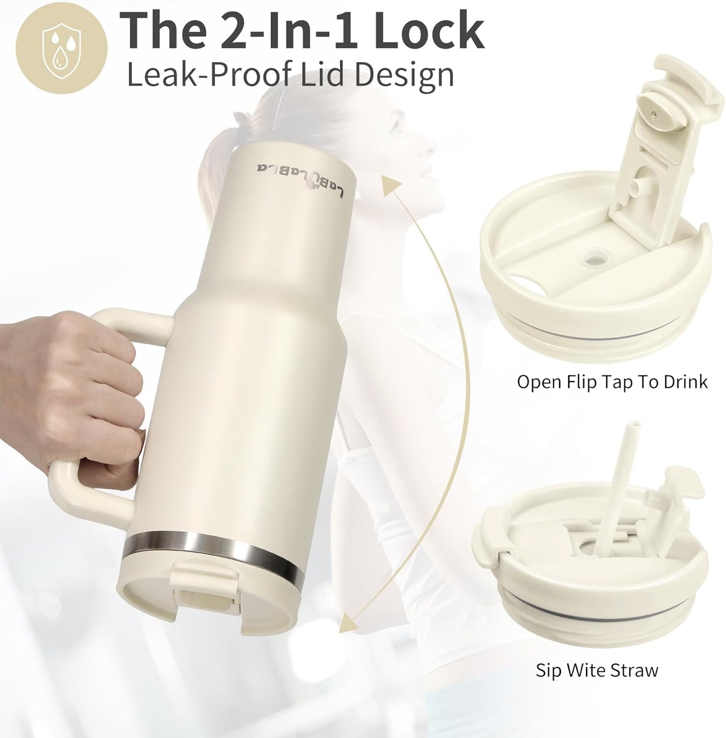 40oz Tumbler with Handle,Double Wall Vacuum Reusable Stainless Steel Insulated Water Bottle,With Leak Proof lid and Straw for Iced or Cold Beverages (Beige)