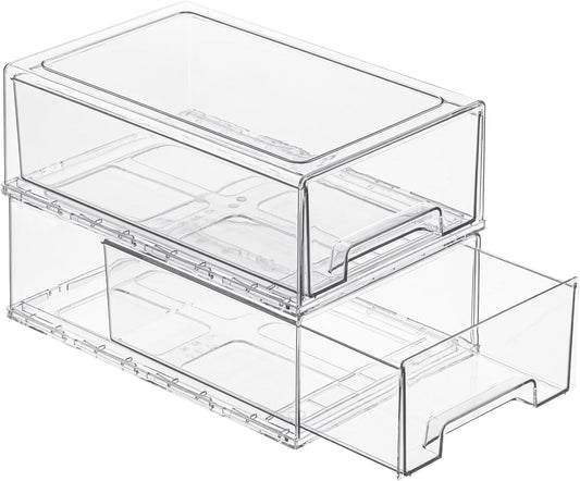 PeJeyiee 2 Pack Stackable Pull-Out Storage Drawers，Plastic Clear Organizer Bins with Handles，Easily Clean for Craft, and Toy Organization，Kitchen Undersink，Cabinet，Fridge，Closet，Pantry，Office，Bathroom