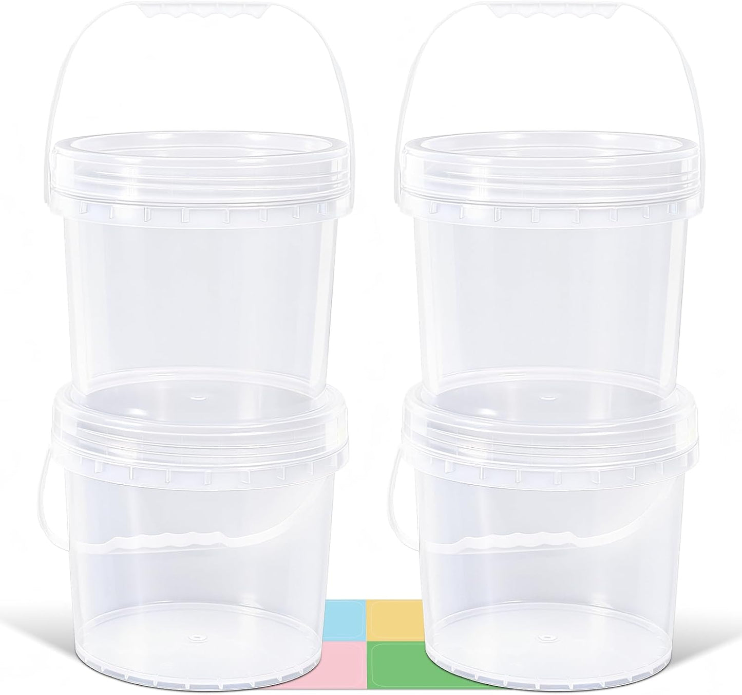 4 Pack 1 Gallon Food Grade Plastic Buckets with Screw Lids & Handle, Reusable Storage Containers for Snacks, Salad, Sauce - Clear Freezer Safe Bucket Set