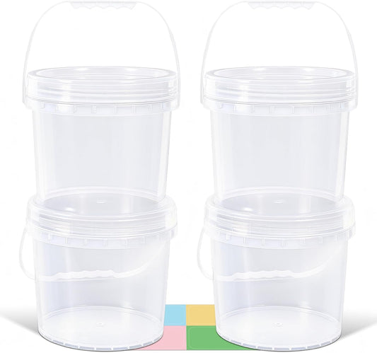 4 Pack 1 Gallon Food Grade Plastic Buckets with Screw Lids & Handle, Reusable Storage Containers for Snacks, Salad, Sauce - Clear Freezer Safe Bucket Set