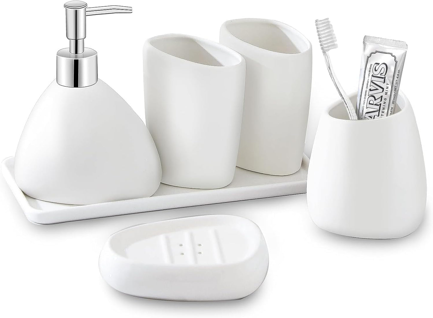 Ceramic Bathroom Accessory Set with Ceramic Tray, 6 Pieces Bathroom Countertop Accessory Set, Include Soap Dispenser, Toothbrush Holder, 2 Tumbler, Soap Dish, Vanity Tray,White