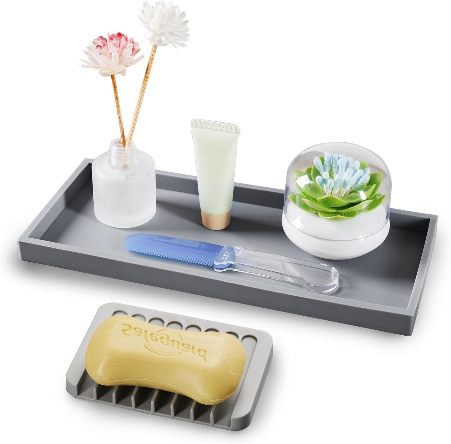 Bloss Silicone Tray Set for Bathroom/Kitchen - 11.8" Bathroom Soap Dispenser Tray and Soap Holder, Silicone Vanity Trays Countertop Organizer for Scrubber, Perfume, Jewelry, Candle Tray