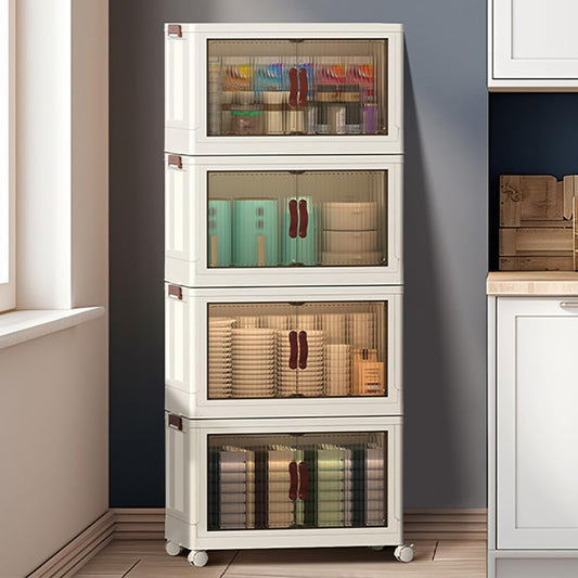 4-Tier Stackable Storage Bins with Lids & Open Front Design, Foldable Storage Bins with Wheels for Home Organization, Collapsible Space Saving Multi-Layer Organizer, 48QT