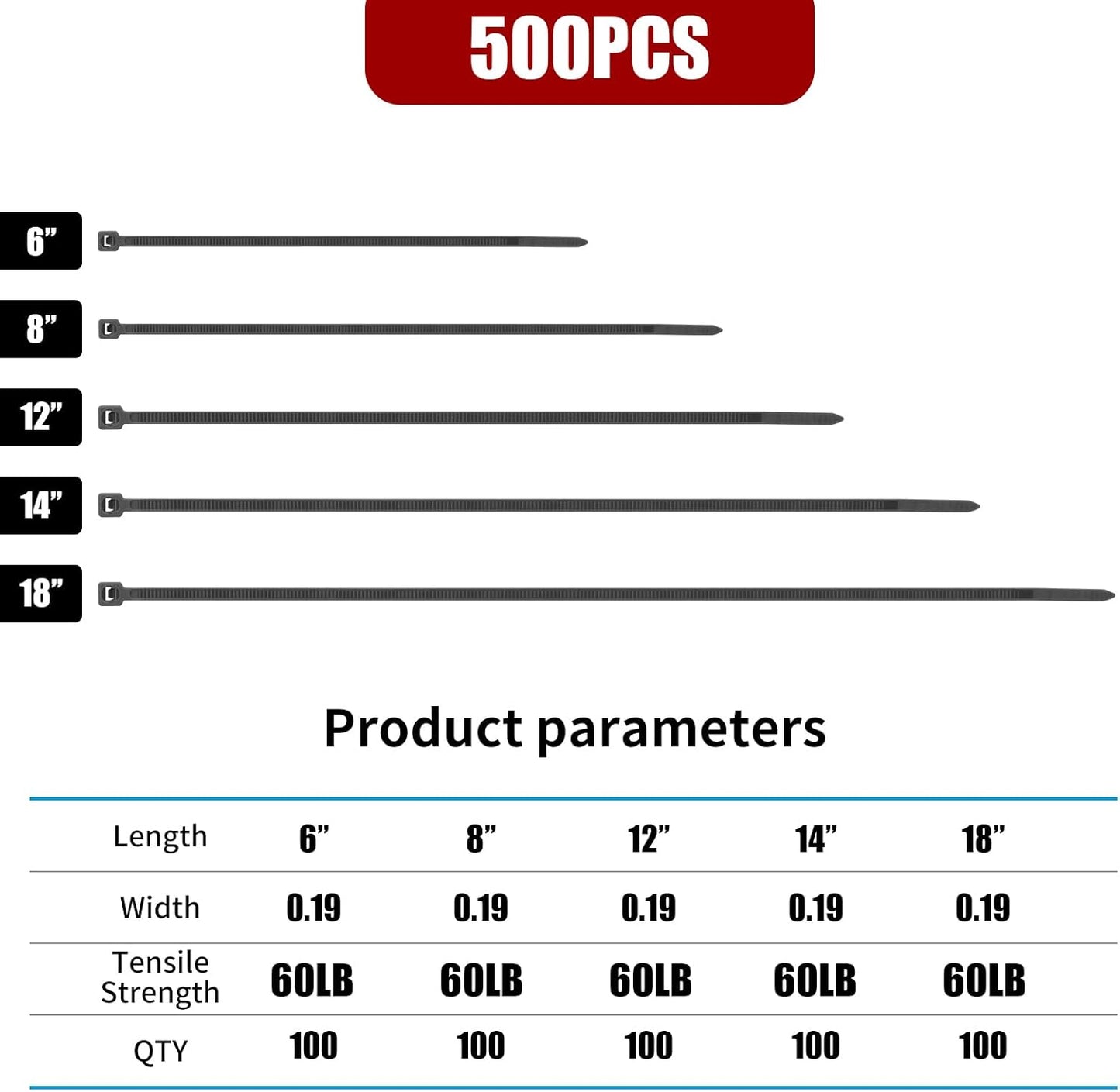 Zip Ties Assorted Size,6+8+12+14+18 Inch,60 LBS 500PCS Tensile Strength Heavy Duty Cable Wire Ties With Self-Locking Adjustable More Durable Nylon Tie Wraps for Indoor Outdoor