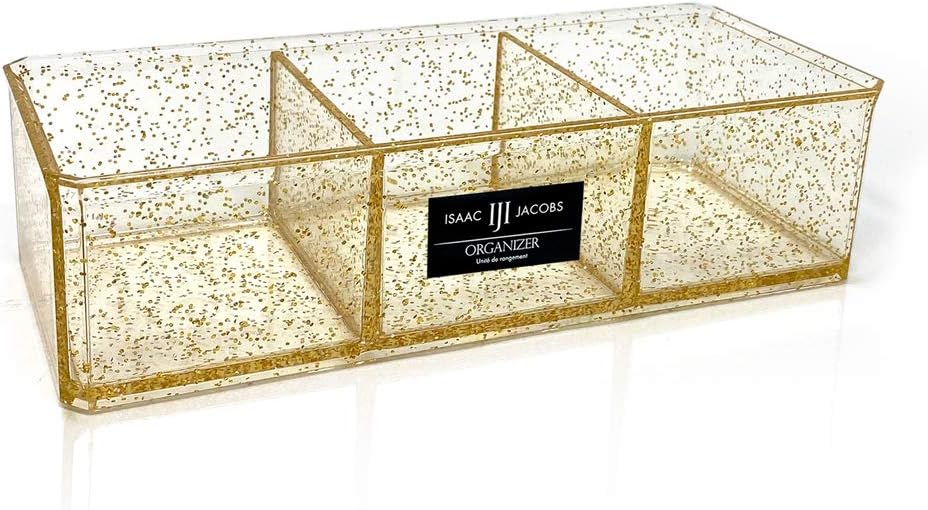 Isaac Jacobs Clear Acrylic 3 Section Organizer- Three Compartment Drawer Tray and Storage Solution for Office, Bathroom, Kitchen, Supplies, and More (Gold Glitter)