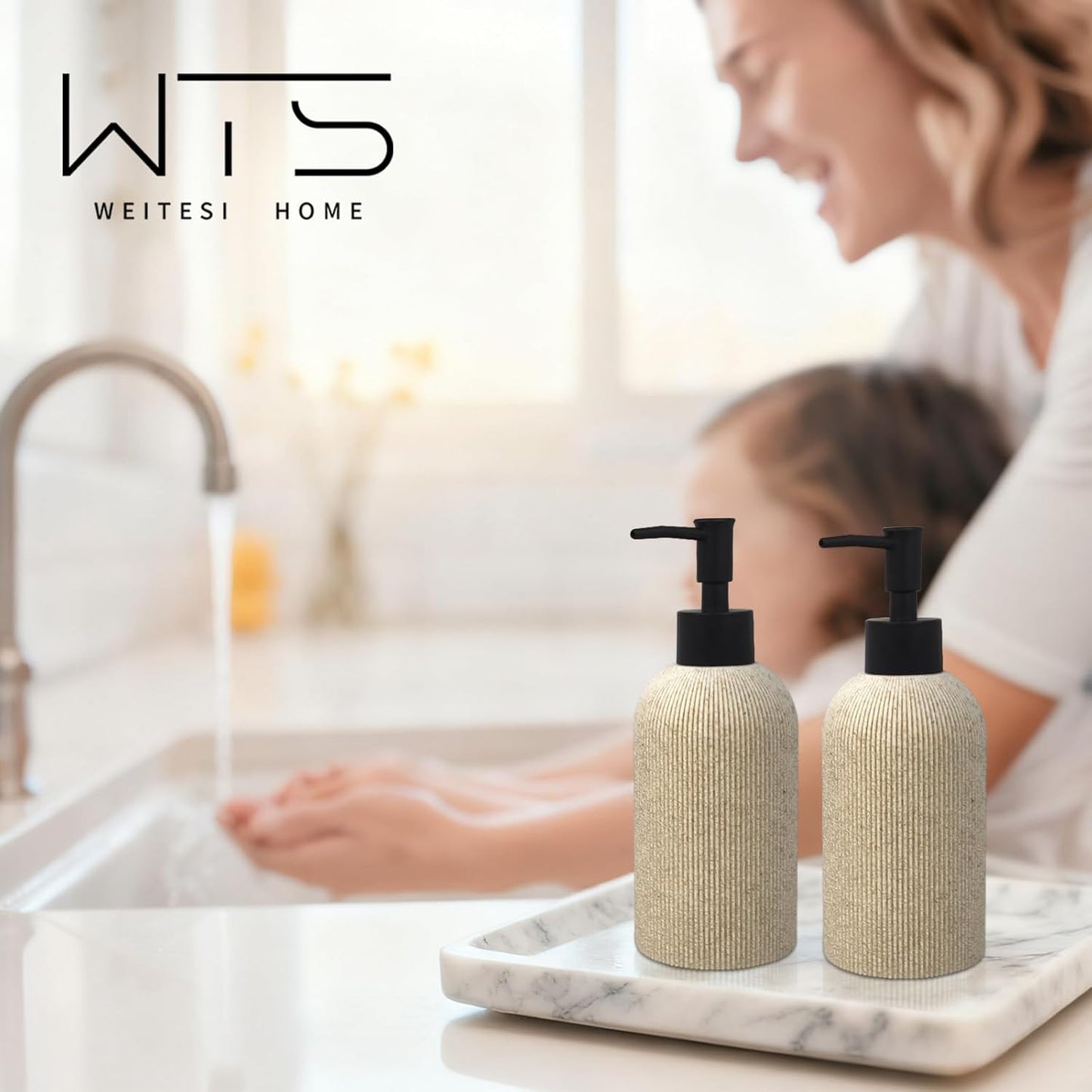 Hand Soap Dispenser for Bathroom and Kitchen Countertop, 10 oz Resin Soap and Lotion Dispensers Set with Plastic Rust Proof Pump, Boho Refillable Liquid Dish Soap Dispensers Bottle,Beige