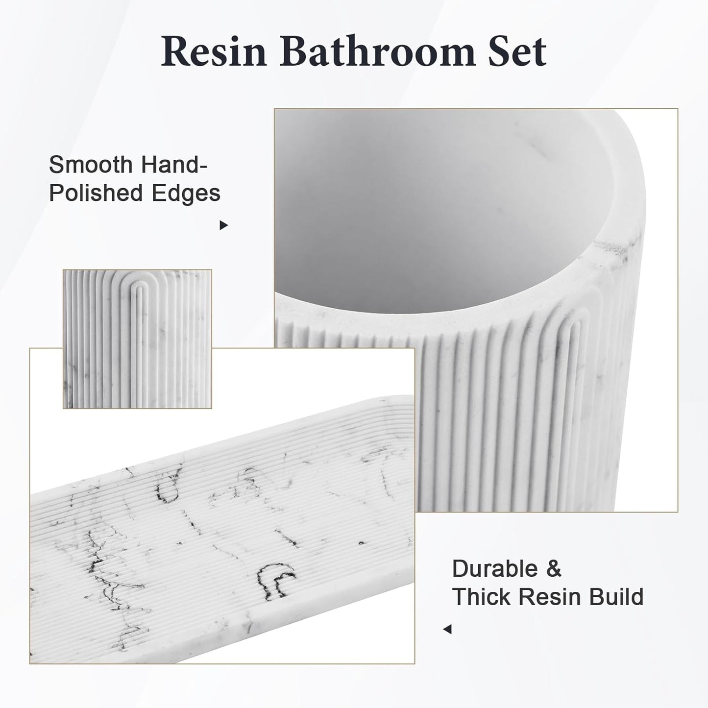 Bathroom Accessories Set - 7-Piece Resin Bathroom Set, Toothbrush Holders Set, Soap Dispenser, Qtip Holder Dispenser, Tumbler, Soap Dish & Tray, Modern Bath Decor for Home Dorm Hotel (Marble White)