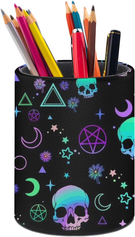 Magic Skull Pen Holder Pencil Organizer Cute Pencil Cup Desk Decor Makeup Brush Holder PU Multifunctional Office Suppliesfor Home Classroom School