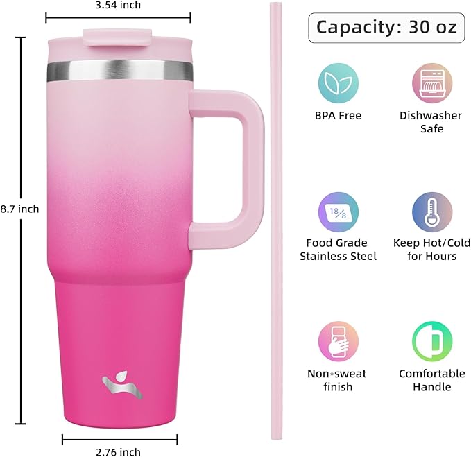 30 oz Tumbler with Handle and 2 Straws,2 in 1 Lid Insulated Water Bottle Stainless Steel Travel Coffee Mug,Cherry Blossoms