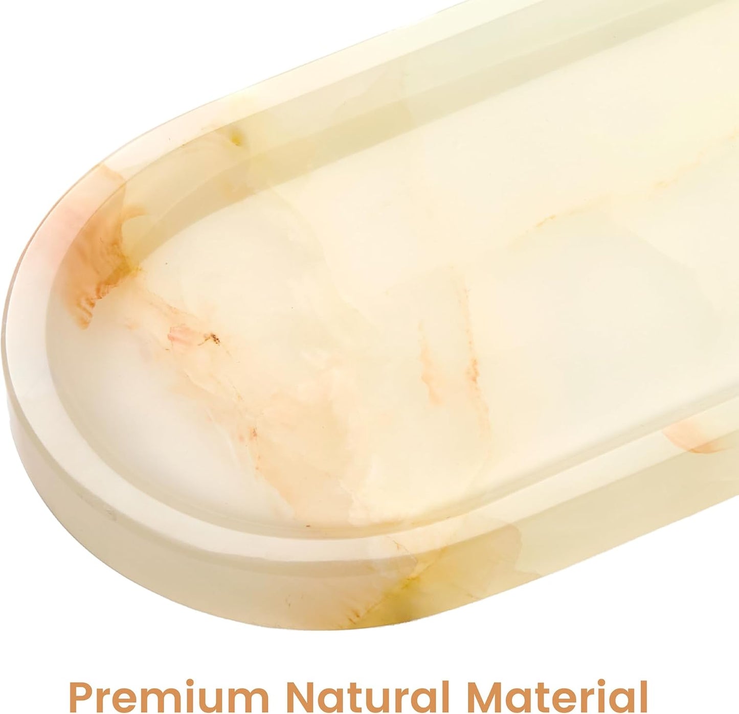 Natural Marble Decorative Tray for Countertop Organizer,Vanity Tray Trays for Jewelry Perfume Candle, Luxury Oval Stone Dish for Bathroom, Bedroom, 9.8"x4.4" Catchall Tray, White Orange