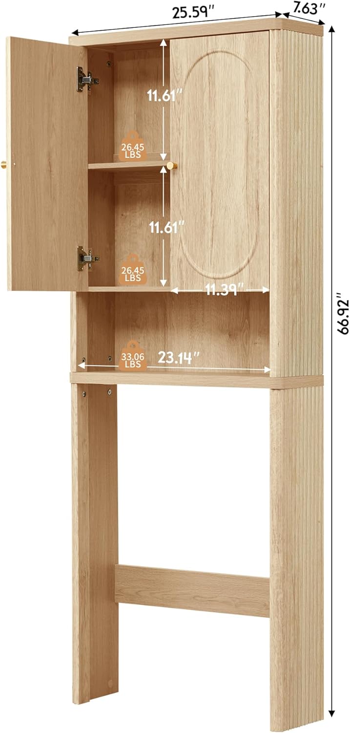 Fluted Over The Toilet Storage Cabinet, Bathroom Toilet Storage Cabinet with Door, Wood Curved Over The Toilet Space Saver Cabinets for Restroom Bathroom, Natural