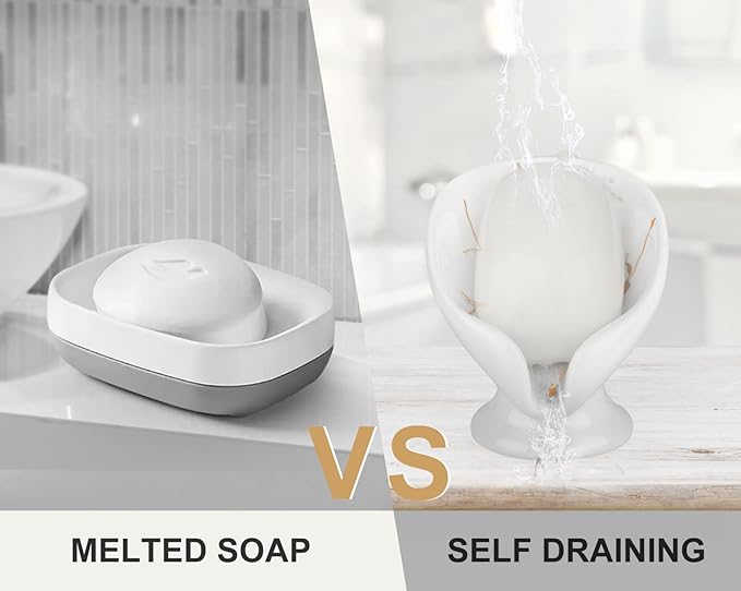 Soap Dish for Shower Ceramic Soap Holder Self Draining Leaf Shape Bar Soap Tray, Marble Pattern White Drain Soap Dish Holder for Bathroom,Easy Cleaning Keep Soap Dry