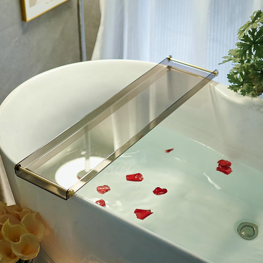Acrylic Bathtub Tray Caddy, Clear Bath Shelf Tub Rack with Golden Handle, Luxury Bathroom Organizer Tablet Holder (Transparent Black) SHUNLI