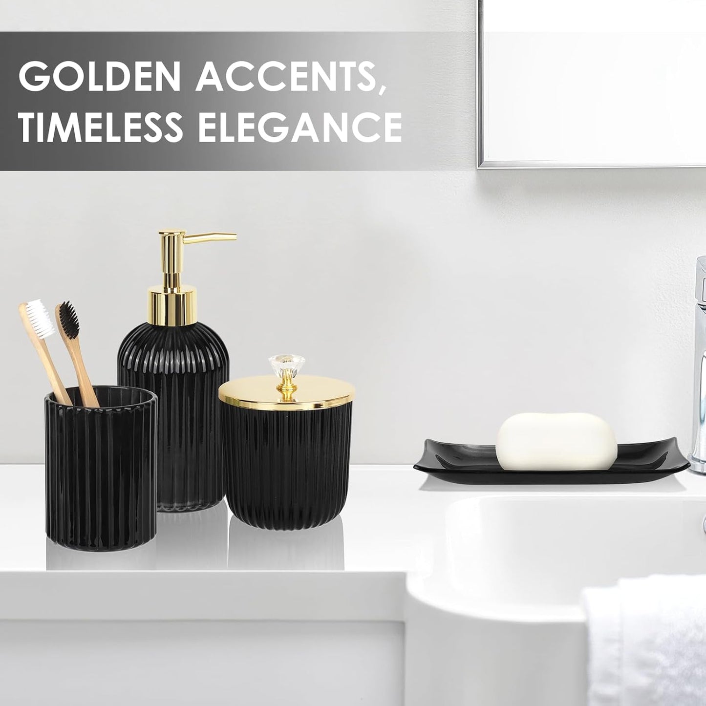 Designer Black Glass Bathroom Accessories Sets - 4 Pcs with Lotion Soap Dispenser, Bathroom Toothbrush Holder, Vanity Tray, and Apothecary Jar, Vintage Bathroom Decor, Gift Countertop Organizer