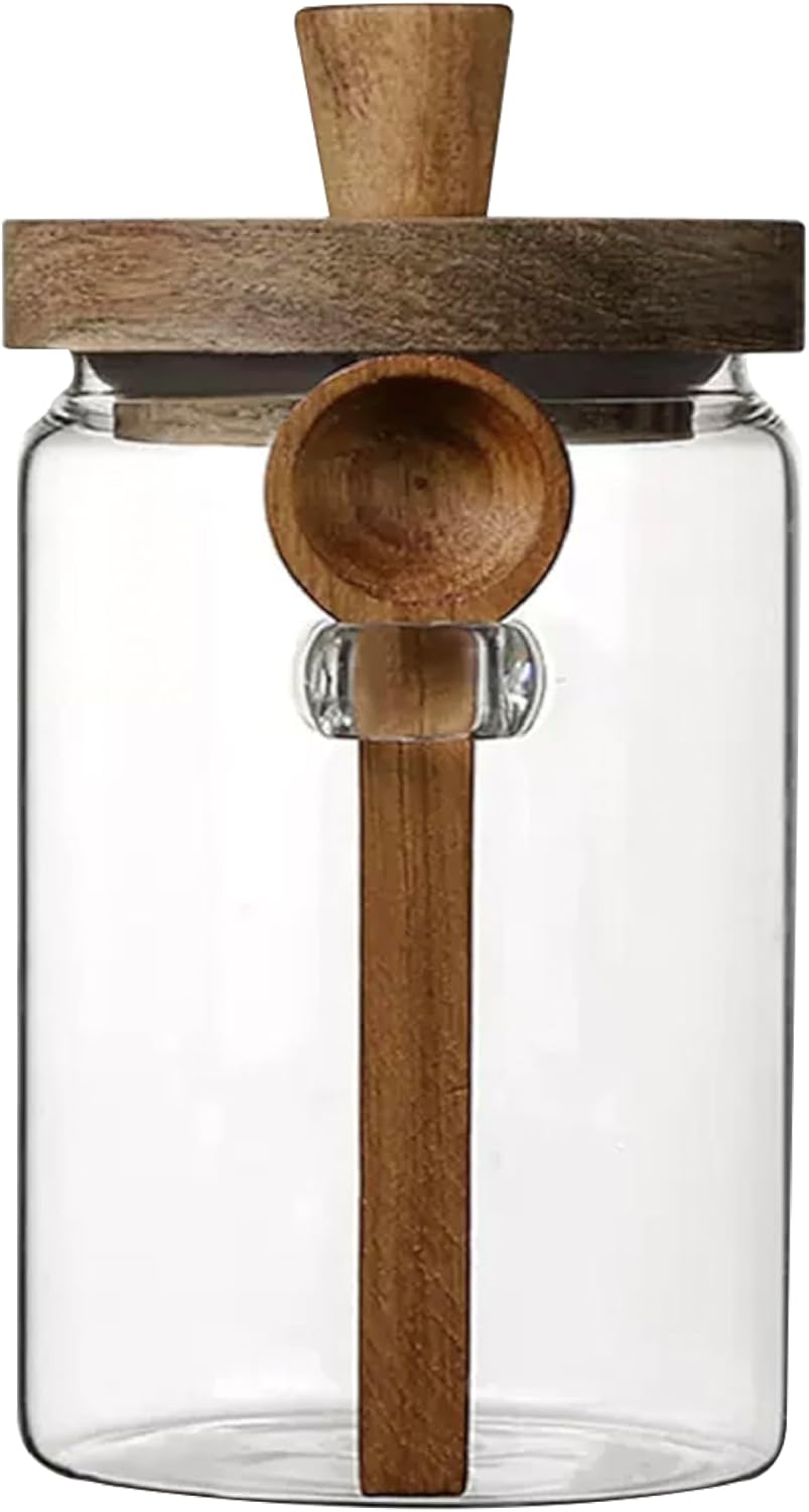 Glass Food Storage Jar with Acacia Wooden Lid and Spoon, Airtight Container for Cereals, Cookies, Snacks, Kitchen Canister Set (1 Pcs, Large/25oz)
