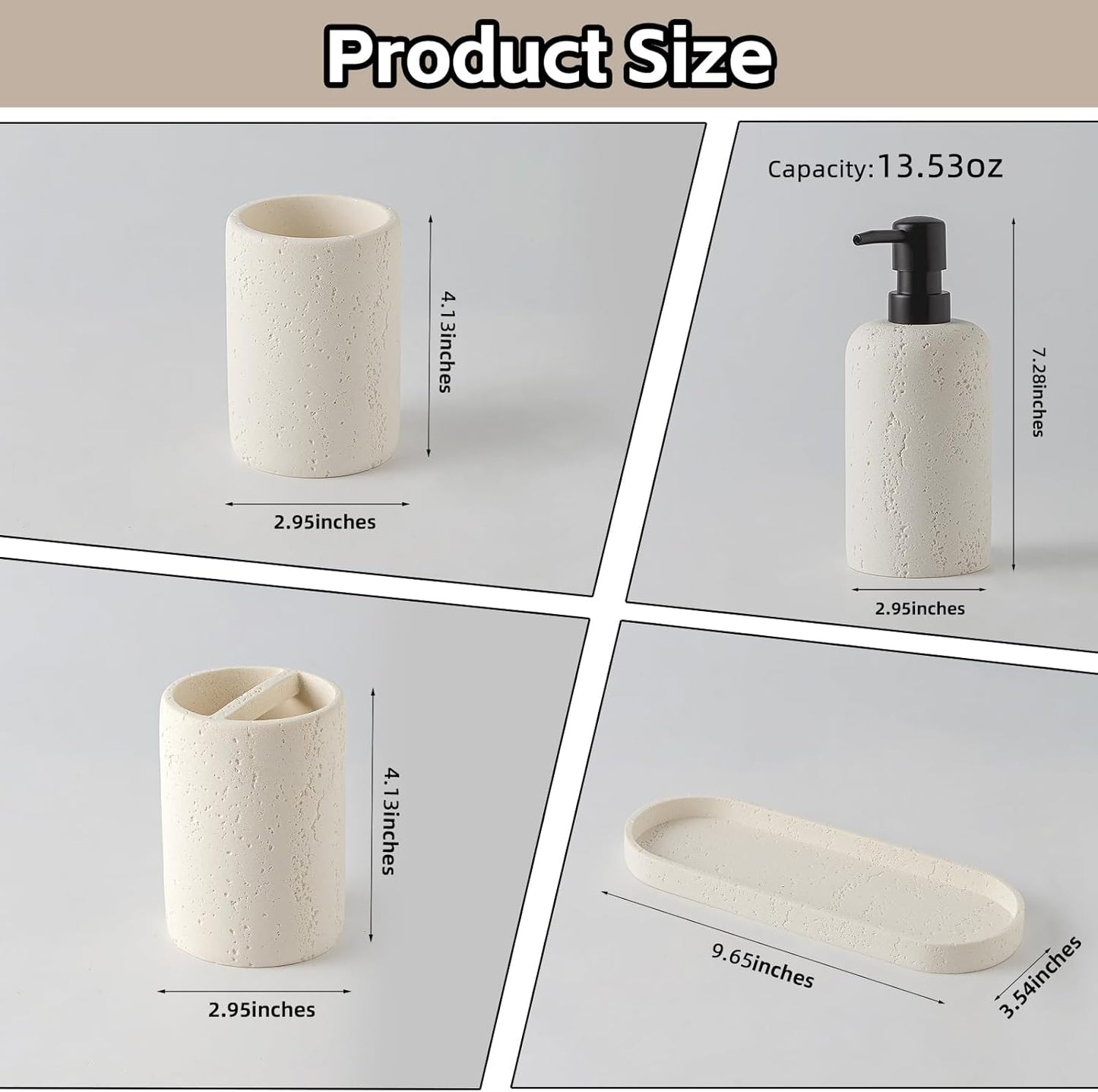 Bathroom Accessories Set, 4 Piece Travertine Stone Look Collection, Modern Bath Organizer with Soap Dispenser, Toothbrush Holder, Tumbler, Vanity Tray for Countertop Kitchen Sink (Off White)