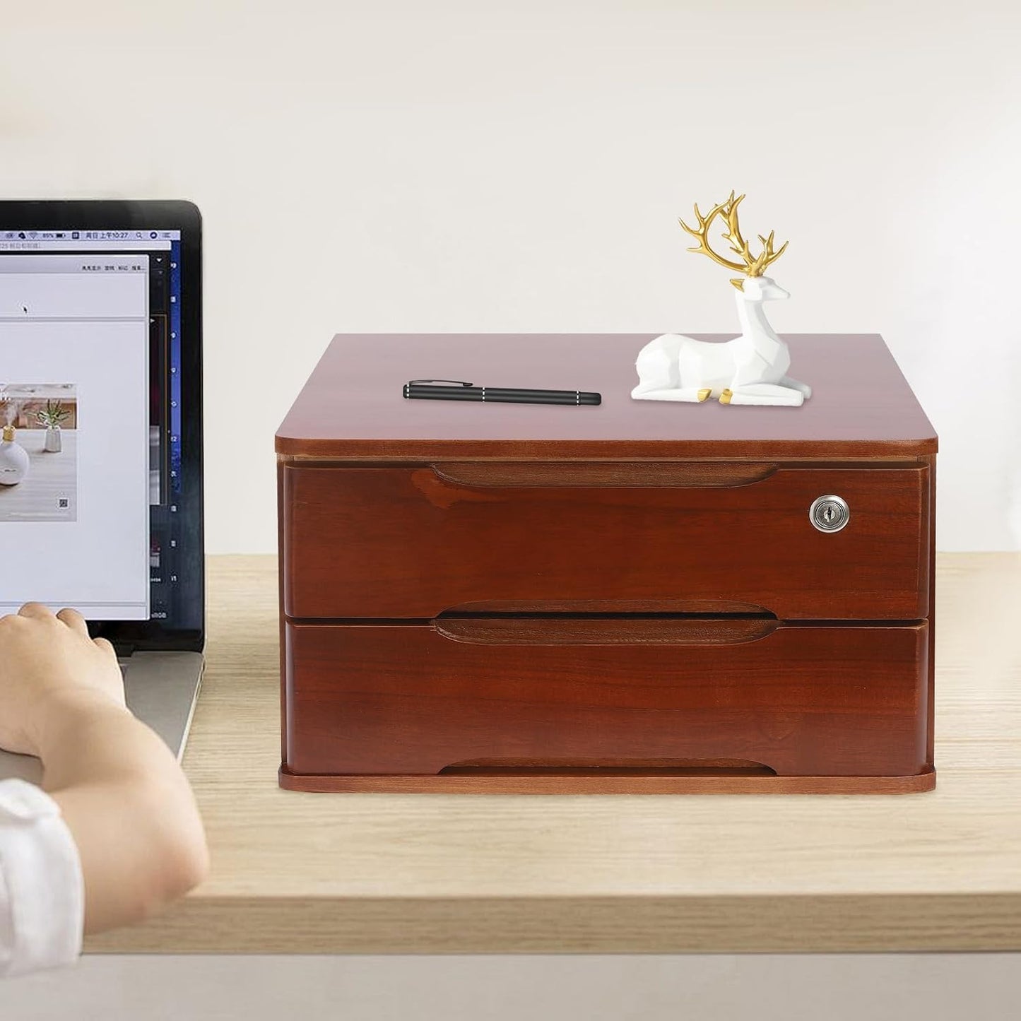 2-Tier Wooden Desktop Storage Box Desk Organizer with 2 Drawers and Lock Countertop Drawers Organizer for Office Supplies File Paper Cosmetic Jewelry, 15.4x11.8x8.5 in (Dark Brown)