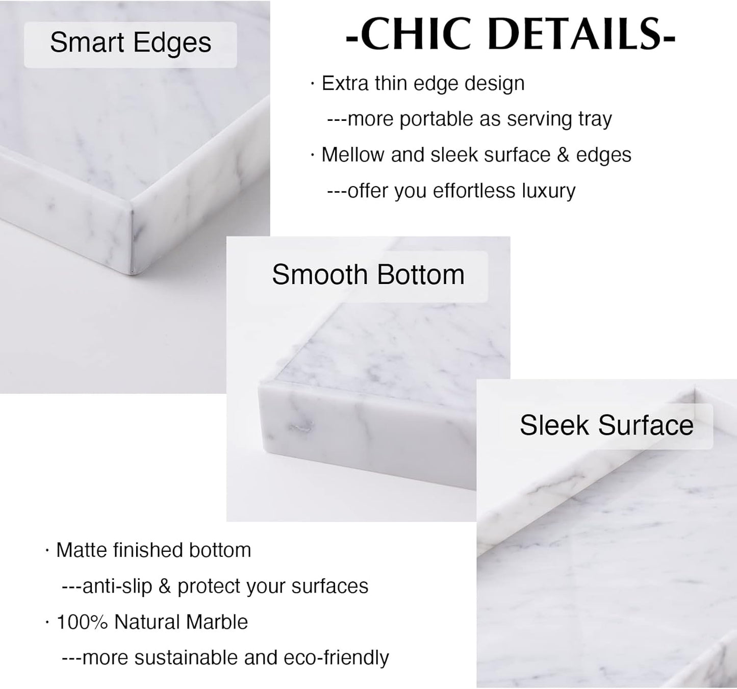 𝐈𝐭𝐚𝐥𝐢𝐚𝐧 𝟏𝟎𝟎% Marble Vanity Tray (12x7in), Counter Organizer for Bathroom, Kitchen, Dresser, Coffee Table, Serving, Decorative (Carrara White)
