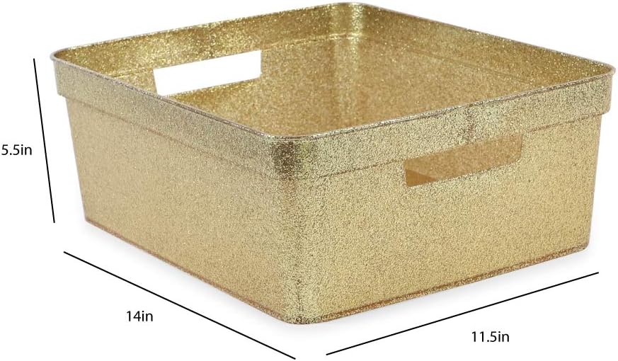 Isaac Jacobs Medium Glitter Storage Bin (14” x 11.5” x 5.5”) Set w/Cut-Out Handles, Plastic Organizer, Multi-Functional, Home Storage Solution, Kids Playroom, Bedroom, Closet (2, Gold)