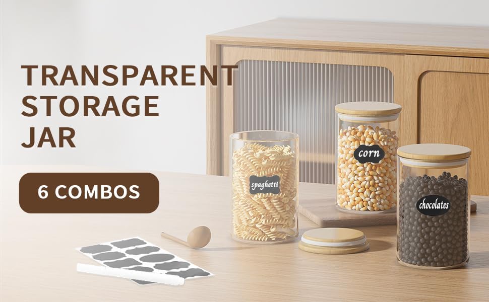 6 Piece Glass Storage Jars Set with Airtight Bamboo Lids and Labels, 37oz/1100ml Glass Spice Jars Food Storage Containers for Home Kitchen,Pantry, Tea, Sugar, Salt, Coffee, Flour, Herbs, Grains