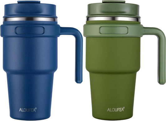ALOUFEA 20 oz Insulated Coffee Mug Tumbler with Handle, Stainless Steel Travel Mug Tumbler with Lid and Straw,Double Wall Vacuum Leak Proof Ice Coffee Thermal Cup, Navy and Army Green