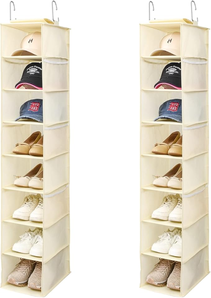 Hanging Shoe Organizer for Closet with Side Mesh Pockets，Hat Racks for Baseball Caps，Shoe and Hat Holder & Storage，8-Shelf，Beige，2 Pack