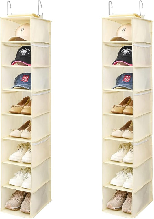 Hanging Shoe Organizer for Closet with Side Mesh Pockets，Hat Racks for Baseball Caps，Shoe and Hat Holder & Storage，8-Shelf，Beige，2 Pack