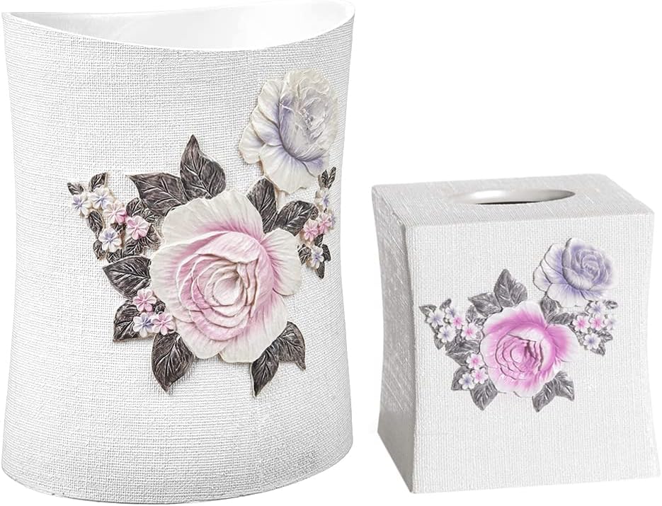 Zahari Home 2pc Michelle Bathroom Set Waste Basket & Tissue Cover Modern Classic Decor Stylish Unique Design Beautiful Floral Bathroom Accessories Set