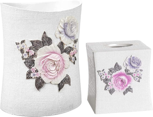 Zahari Home 2pc Michelle Bathroom Set Waste Basket & Tissue Cover Modern Classic Decor Stylish Unique Design Beautiful Floral Bathroom Accessories Set