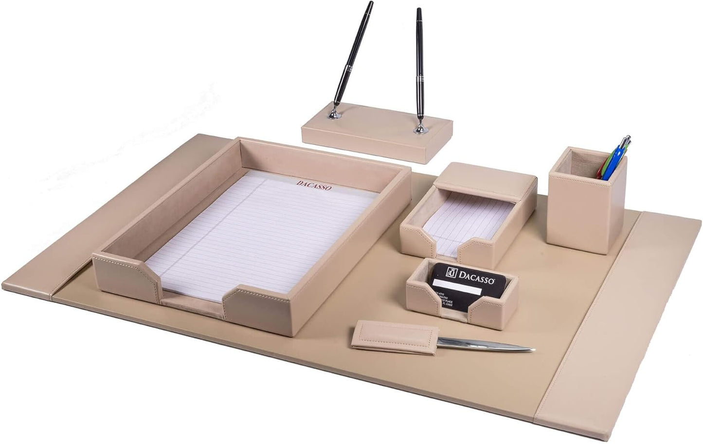 Dacasso Bonded Set Luxury Leather Desk Pad & Desk Organization Essentials, 7 Piece, White Latte