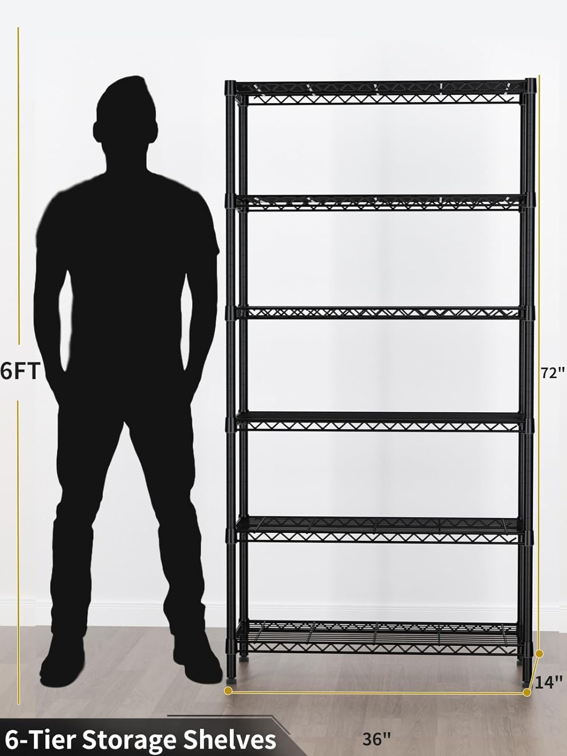 6 Tier Adjustable Storage Shelves,Heavy Duty Metal Utility Shelf 1500LBS Capacity Wire Shelving Unit Organizer Rack for Home Kitchen Pantry Room 14" D x 36" W x 72" H Black