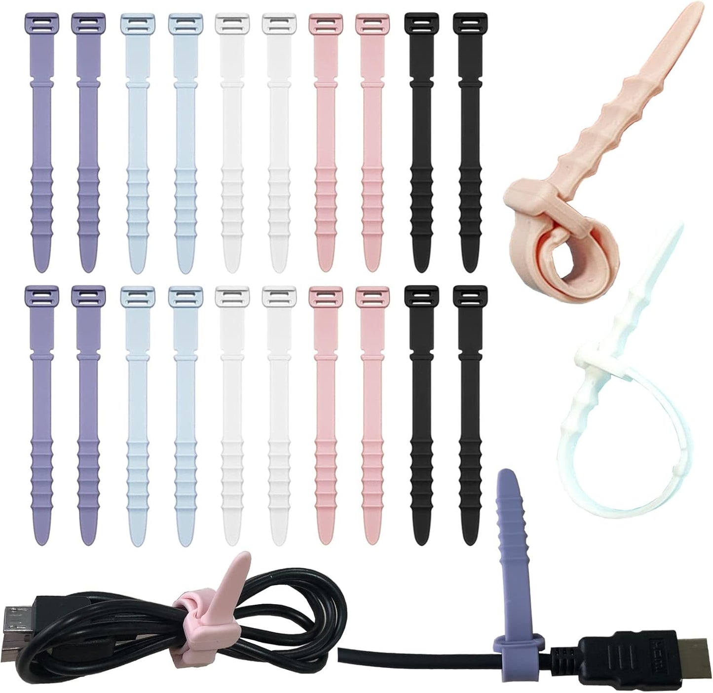Silicone Zip Ties, Reusable Zip Ties, 20pcs Rubber Cable Ties Straps for Wire Management, Elastic Cable Organizer for Home Office Table Desk. 4.5” Cord Ties in White, Black, Pink, Purple and Blue