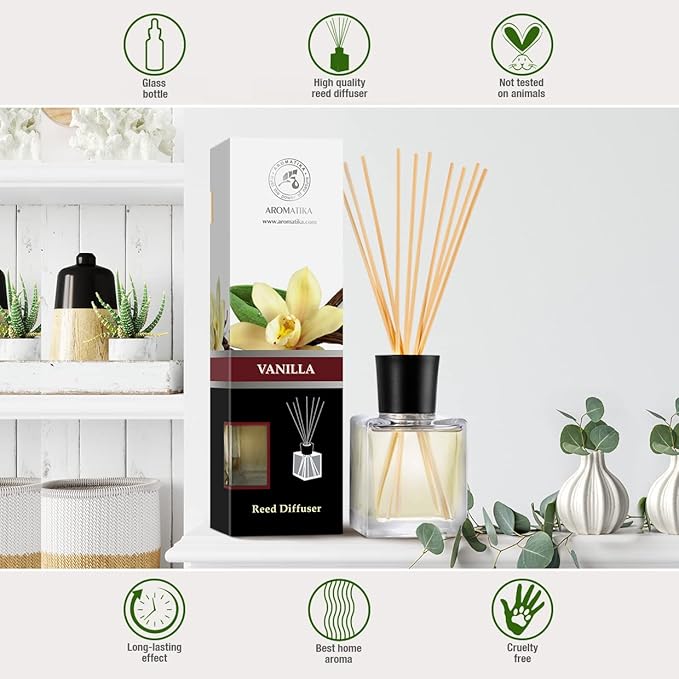 Reed Diffuser with Natural Essential Oil Vanilla 6.8 Fl Oz (200ml) - Scented Reed Diffuser - Gift Set with Bamboo Sticks - Best for Aromatherapy - SPA - Home - Office - Fitness Club