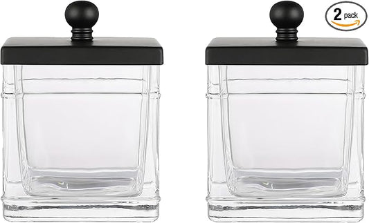Glass Cotton Jar Holder 2 Pack– Matte Black Lid, Elegant Bathroom Storage Canister for Qtips, Cotton Balls, Floss, Makeup Organizer, Vanity & Bathroom Organization