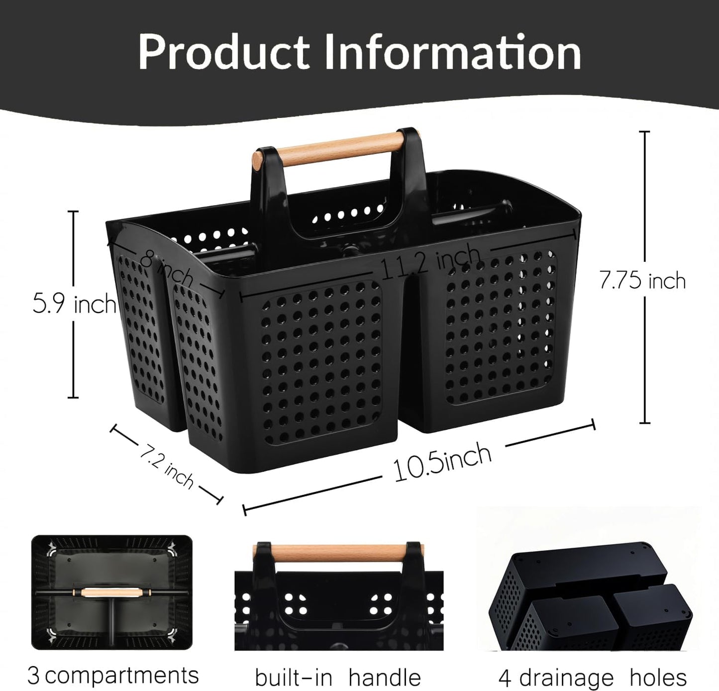 Portable Shower Caddy Basket with Compartments, Plastic Divided Cleaning Caddy Organizer Storage Tote with Handle for Bathroom, College, Dorm Room Essentials, Black