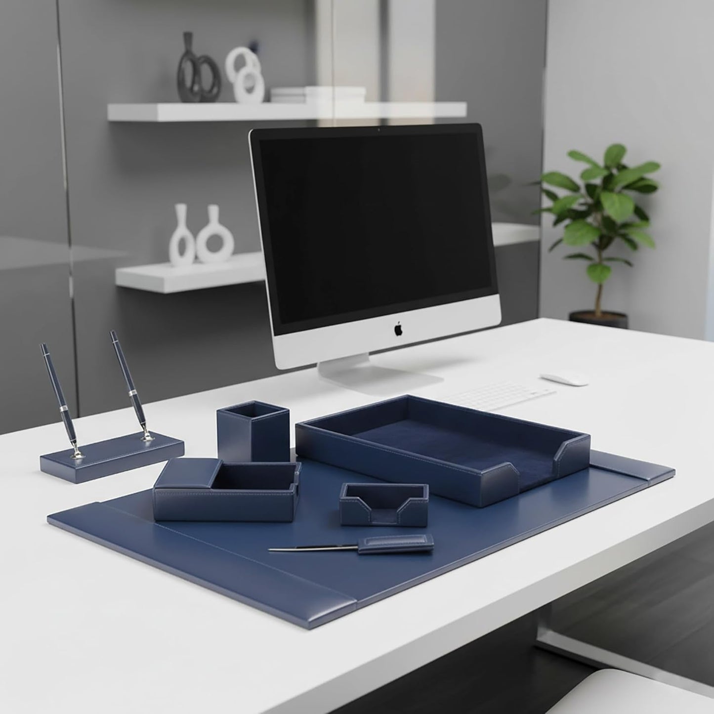 Dacasso Bonded Set Luxury Leather Desk Pad & Desk Organization Essentials, 7 Piece, Navy Blue