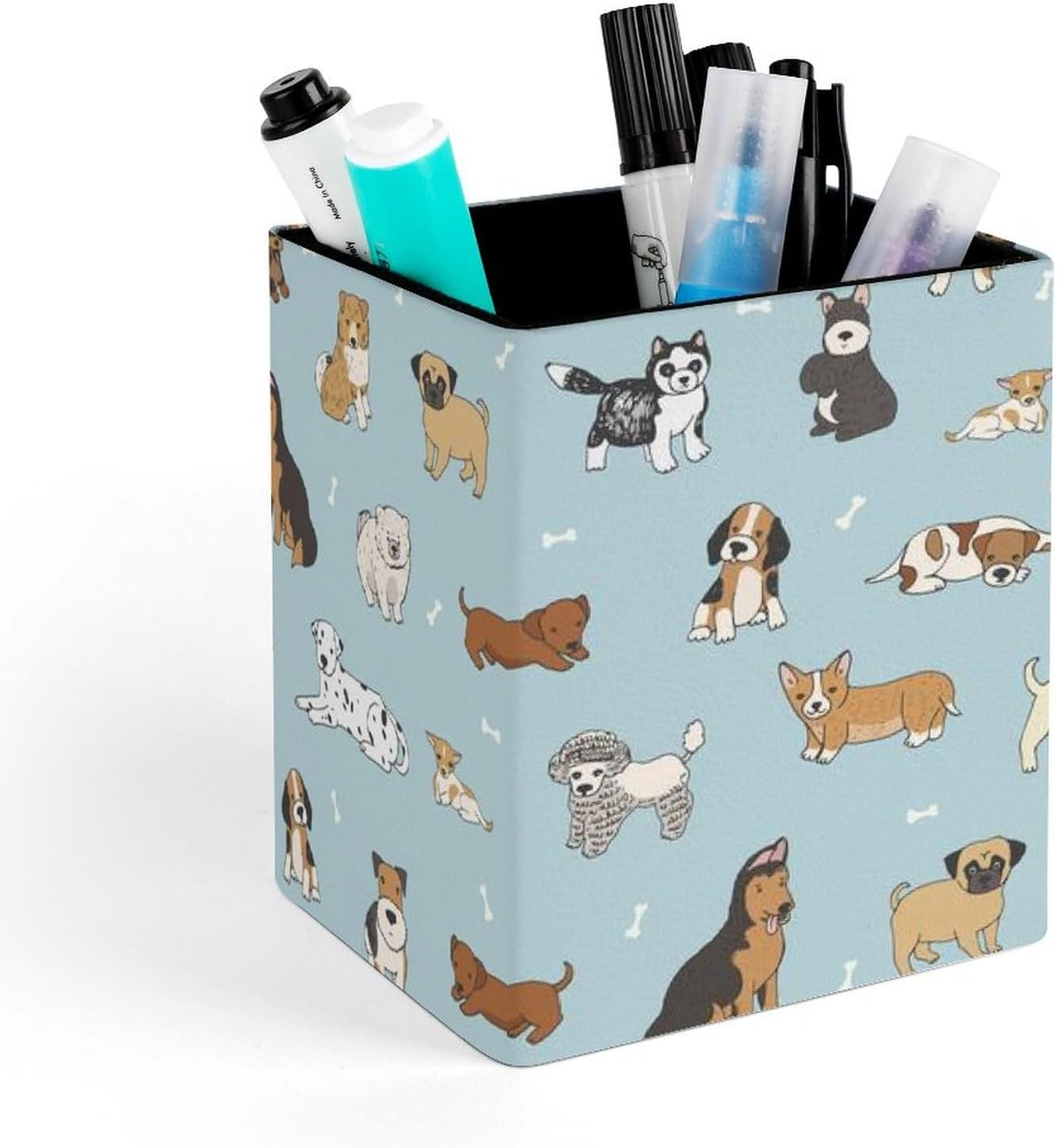 Square Pen Holder & Pencil Organizer for Desk - Office Storage Organizer, Markers/Makeup Brushes/Scissors Holder, Compact Desk Decor Accessories for Home Classroom School(Doodle puppy dog)