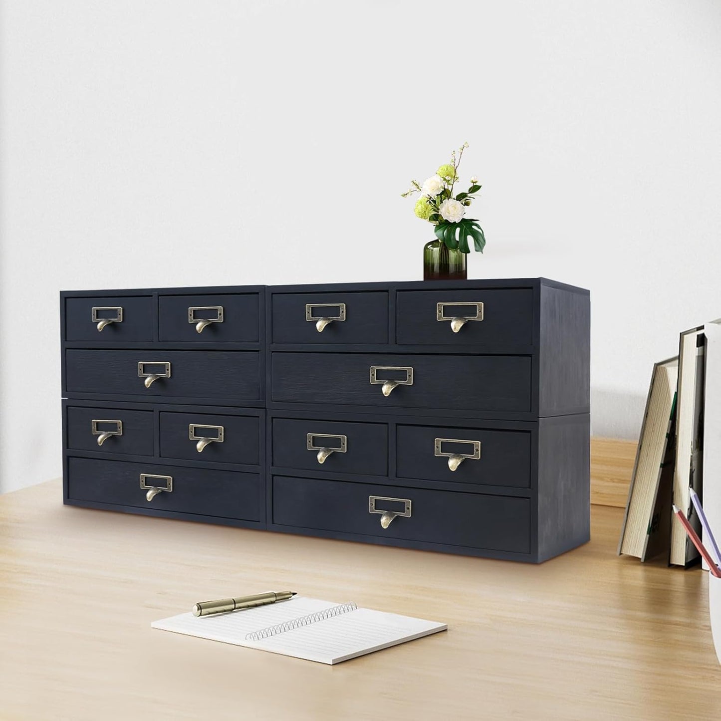 4-Piece Desktop Organizer Set with 3 Drawers, Wood & Metal Drawer Storage, Wooden Desktop Organizer for Store Cosmetics, Jewelry, Letters, Papers, Tea Bags, Sugar Packets (Black)